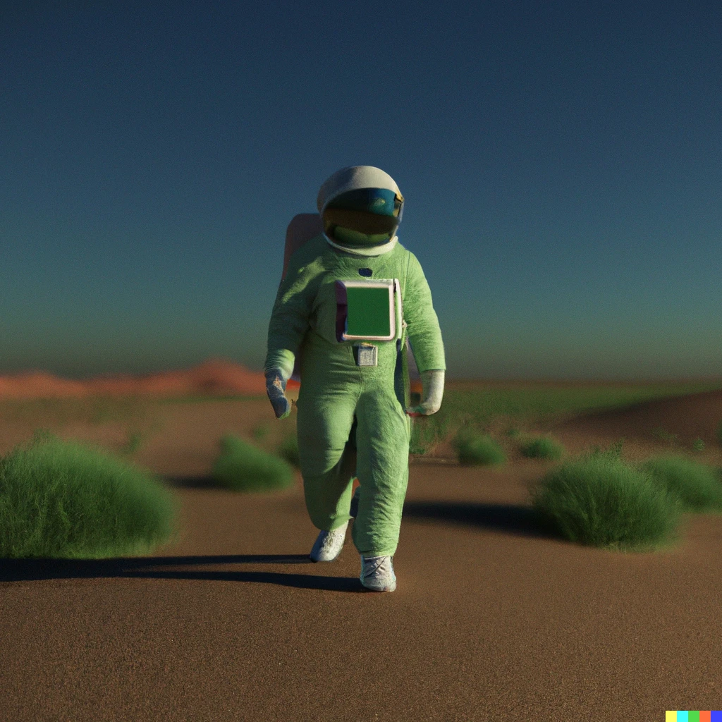 A 3D render of an astronaut walking in a green desert